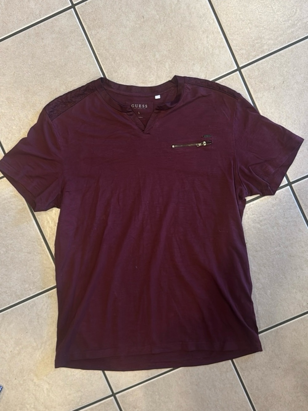 GUESS Men’s Burgundy Short-Sleeve V-Neck Tee with Zip Chest Pocket